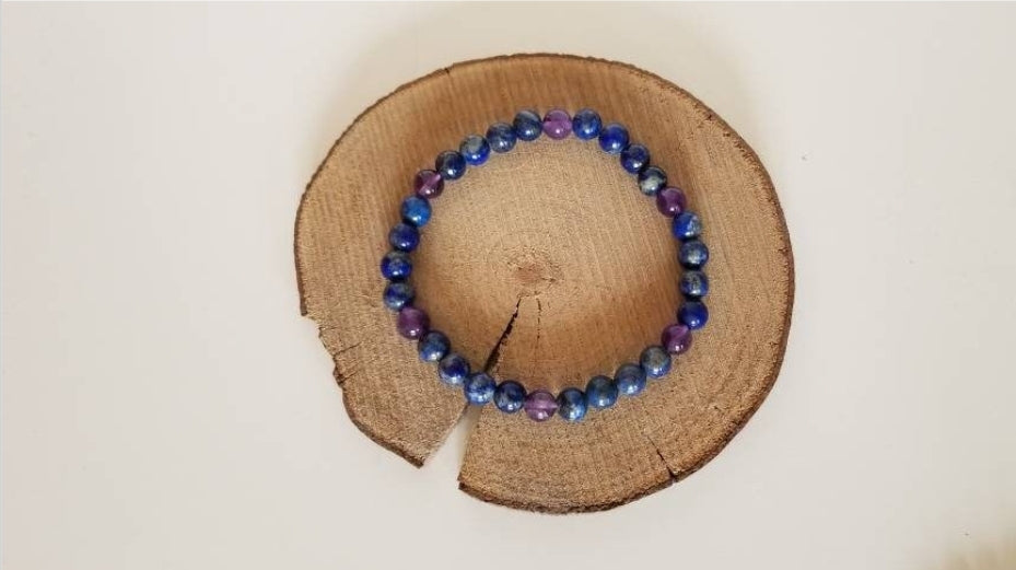 Bracelet ouverture de conscience 3ème œil et chakra coronal en lapis-lazuli et améthyste de diamètre 6 ou 8