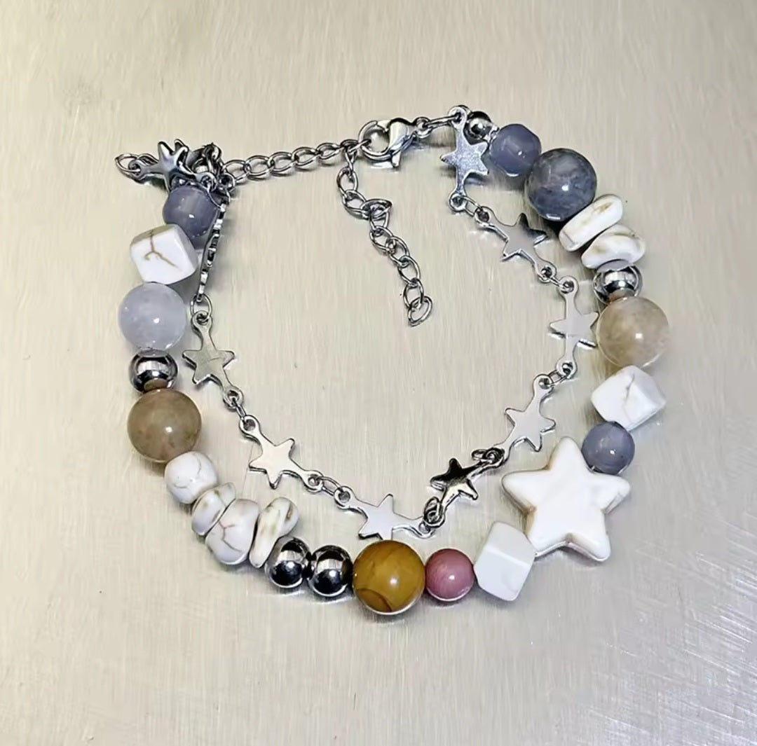Bracelet étoiles en Howlite, agate et rhodonite