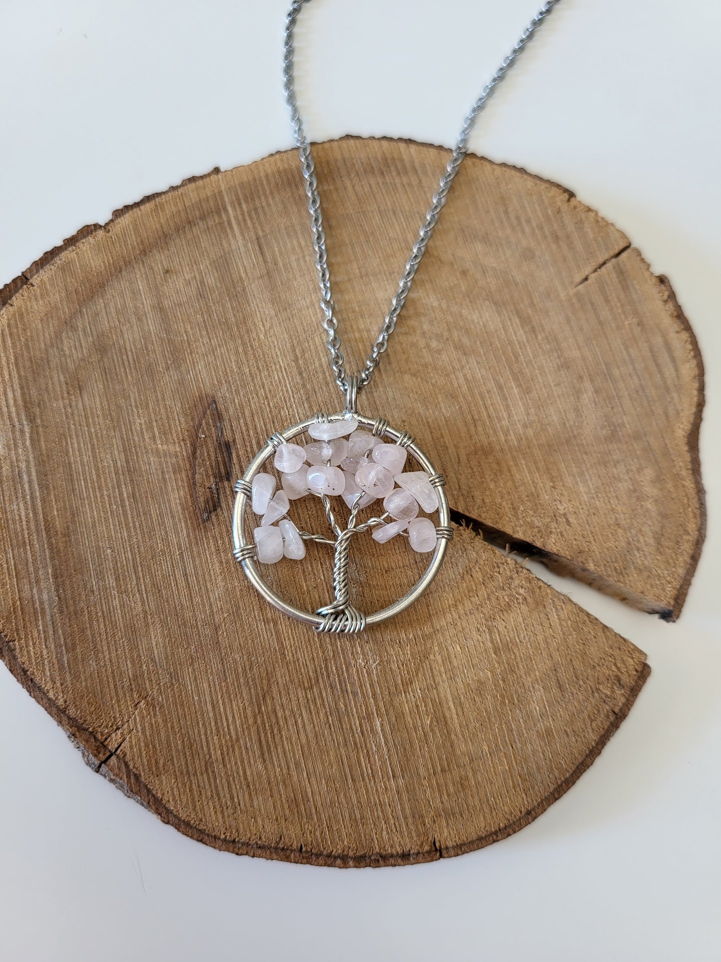 Collier arbre de vie en quartz rose