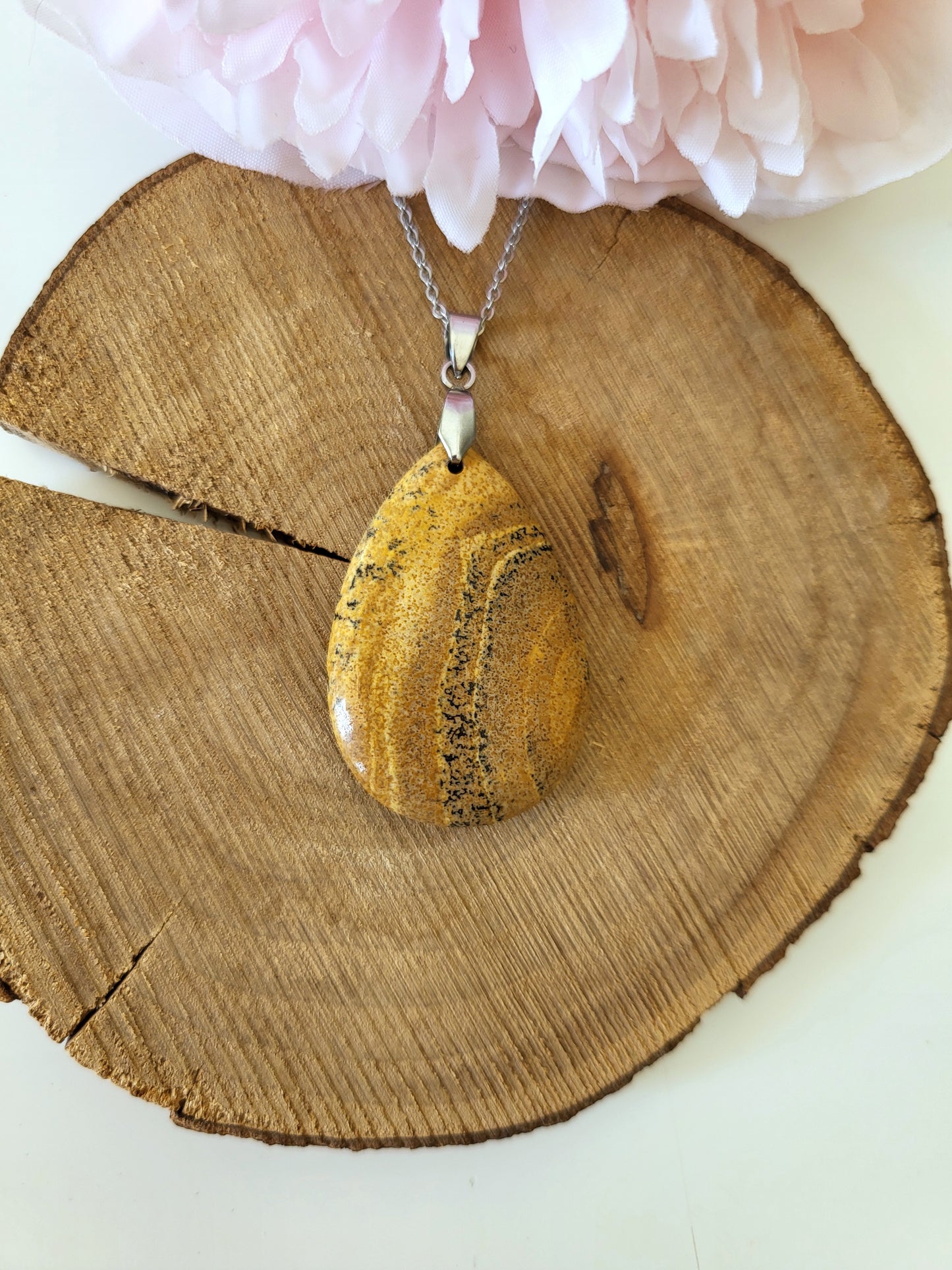 Necklace with landscape jasper pendant.