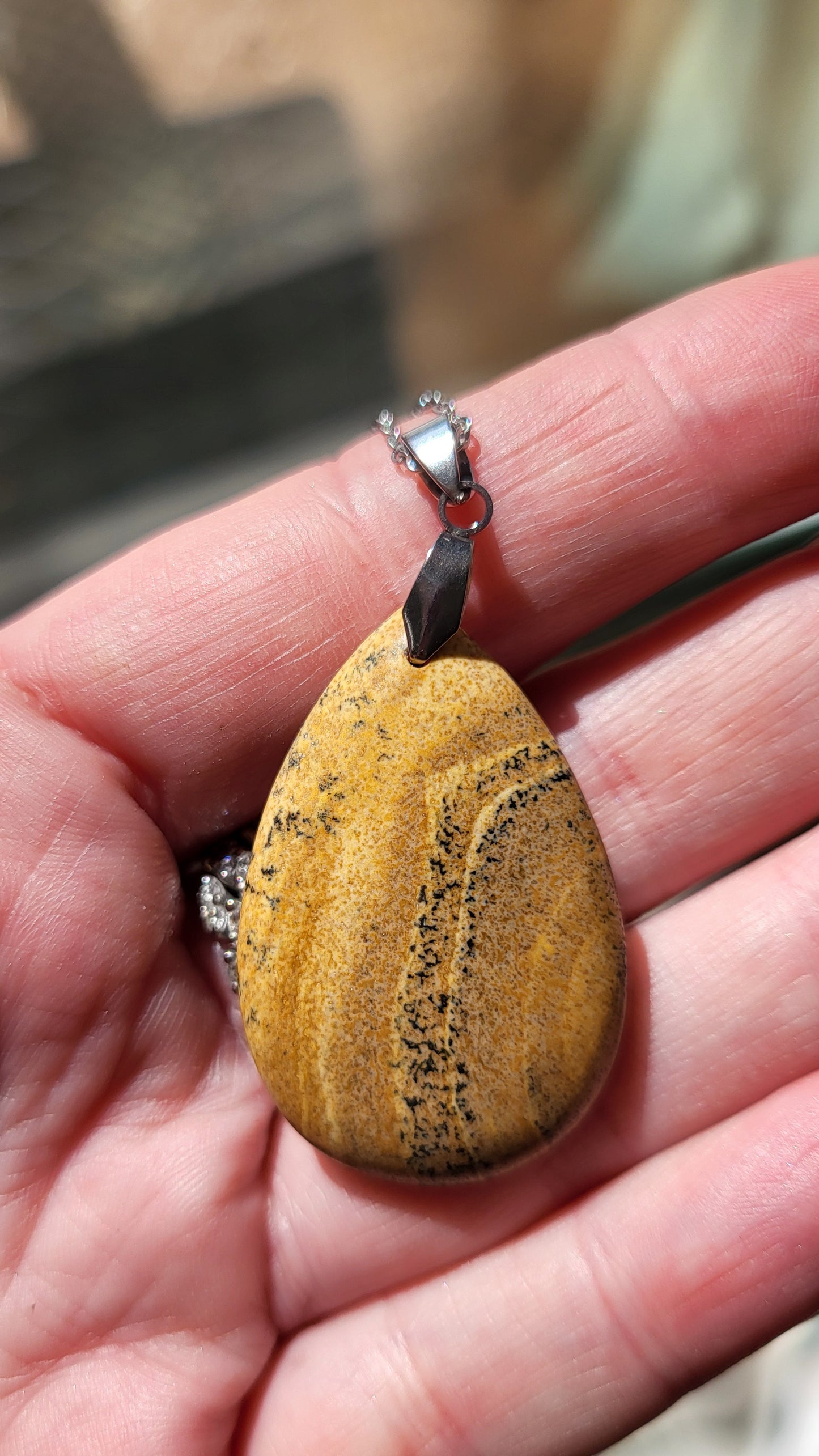 Necklace with landscape jasper pendant.