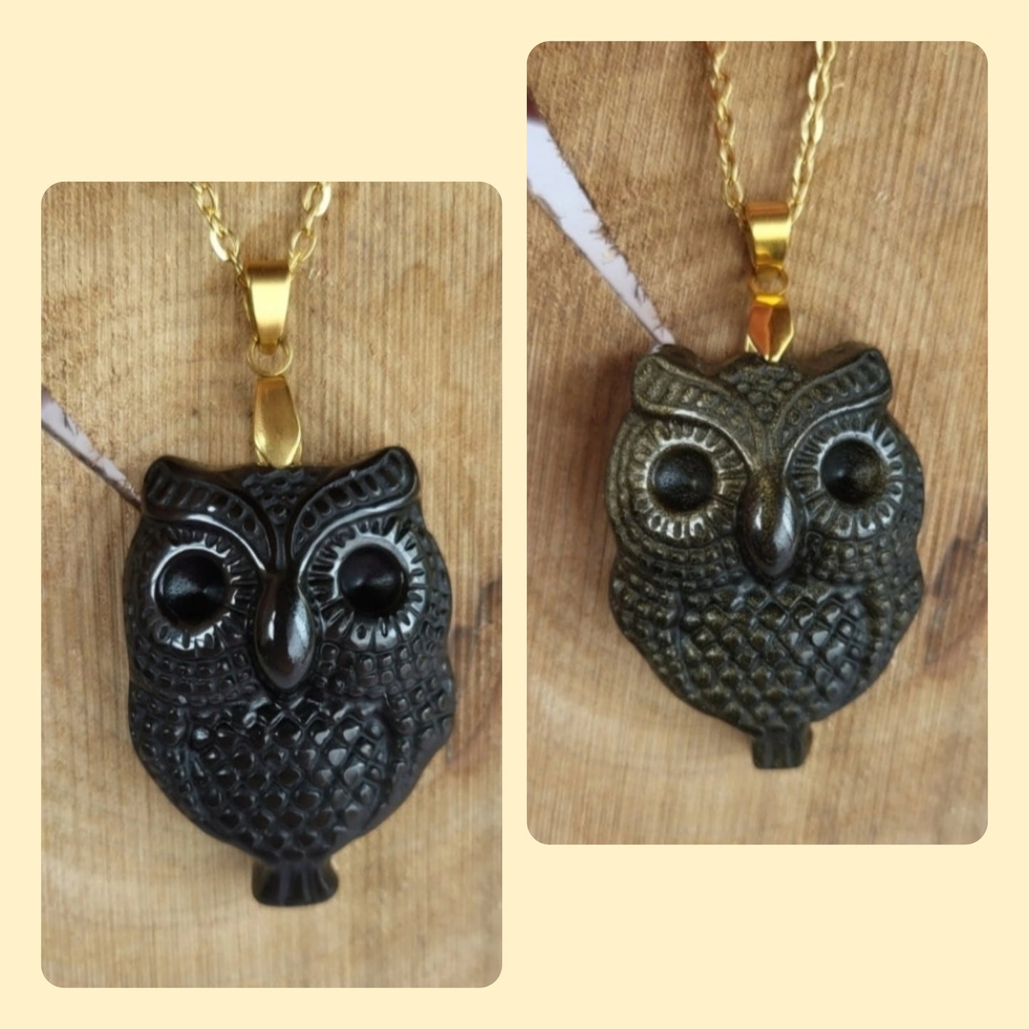 Necklace with owl pendant in golden obsidian or celestial eye obsidian