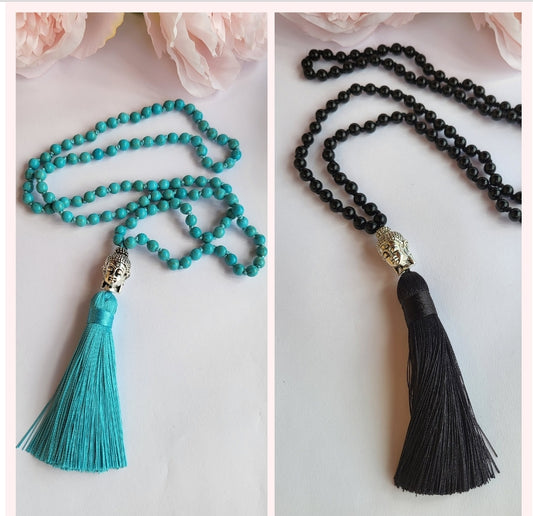 Colliers mala Bouddha en obsidienne ou howlite bleue