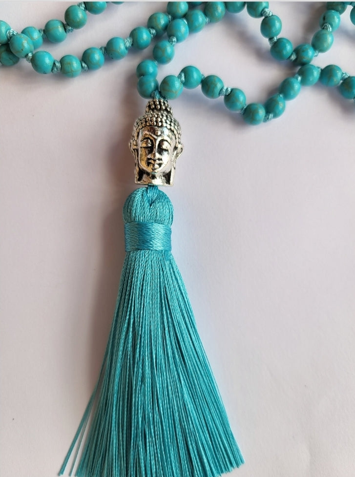 Colliers mala Bouddha en obsidienne ou howlite bleue