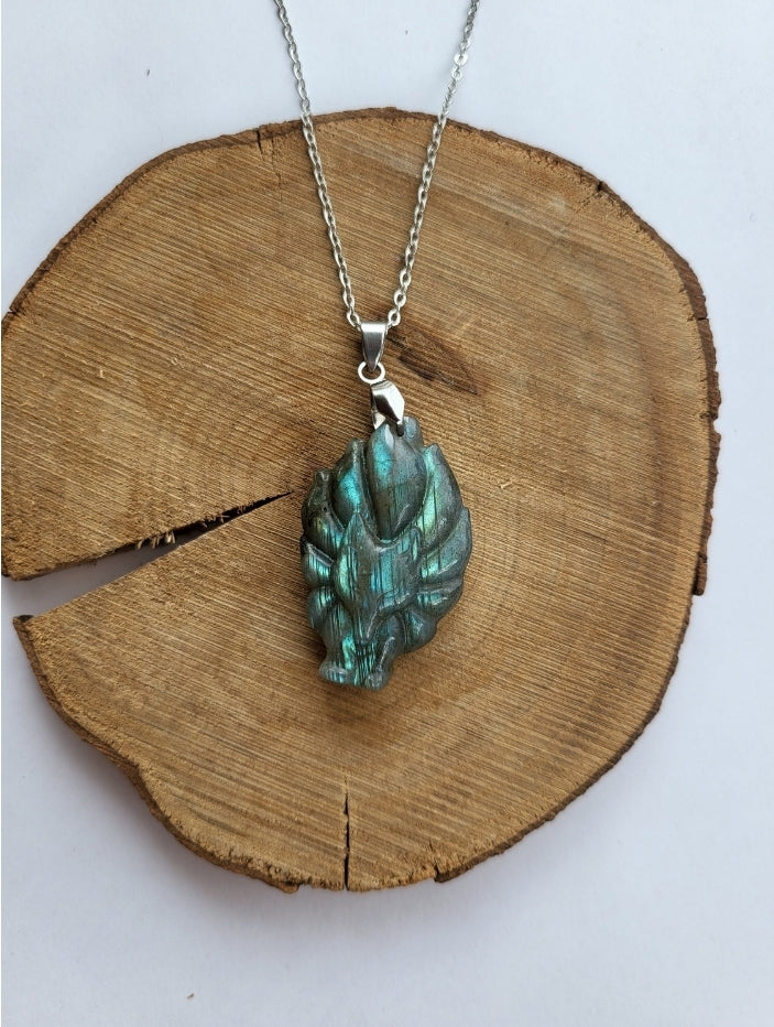 Necklace with kitsune fox pendant in labradorite.