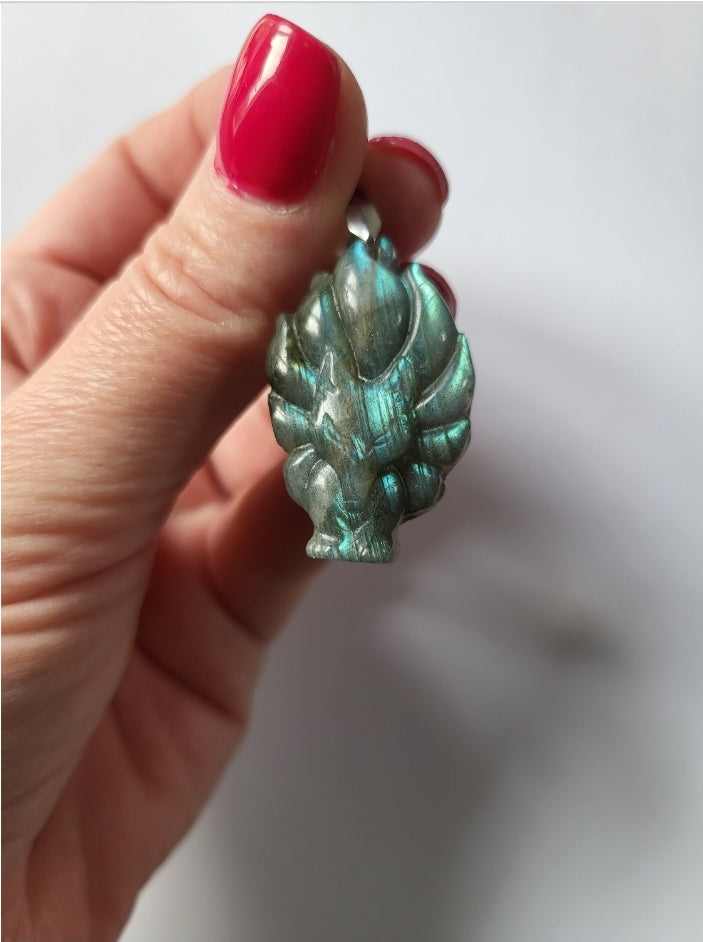 Necklace with kitsune fox pendant in labradorite.