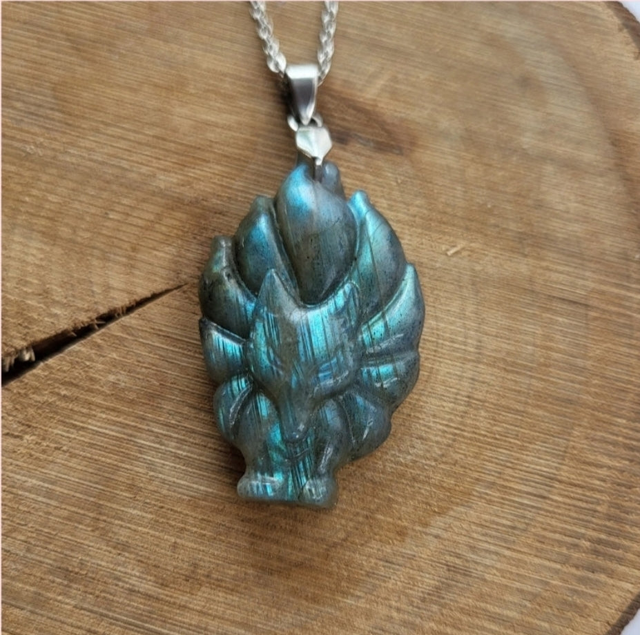 Necklace with kitsune fox pendant in labradorite.
