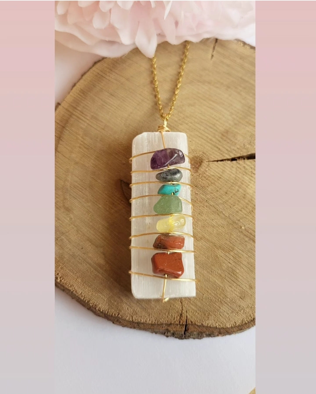 Necklace with selenite pendant and chakra stones