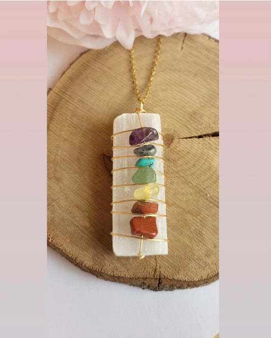 Necklace with selenite pendant and chakra stones