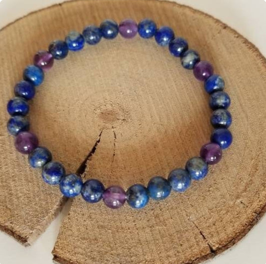 Bracelet ouverture de conscience 3ème œil et chakra coronal en lapis-lazuli et améthyste de diamètre 6 ou 8