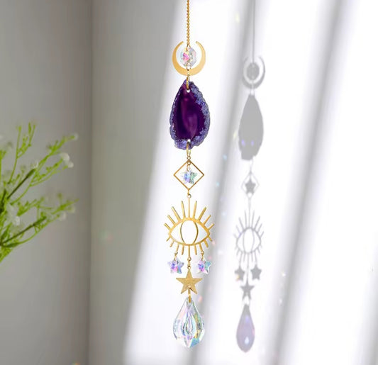 Suspension mobile lune et oeil avec prismes en verre réflecteurs de lumière et agate feng shui