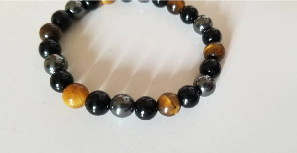 Bracelet de protection en hématite, obsidienne et oeil de tigre.