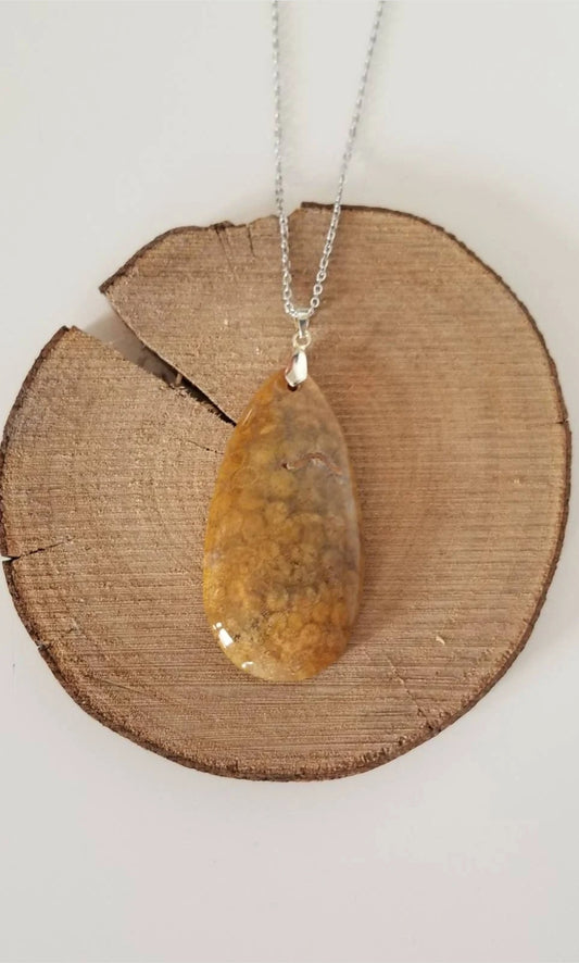 Collier avec pendentif en fossile de corail chrysanthème