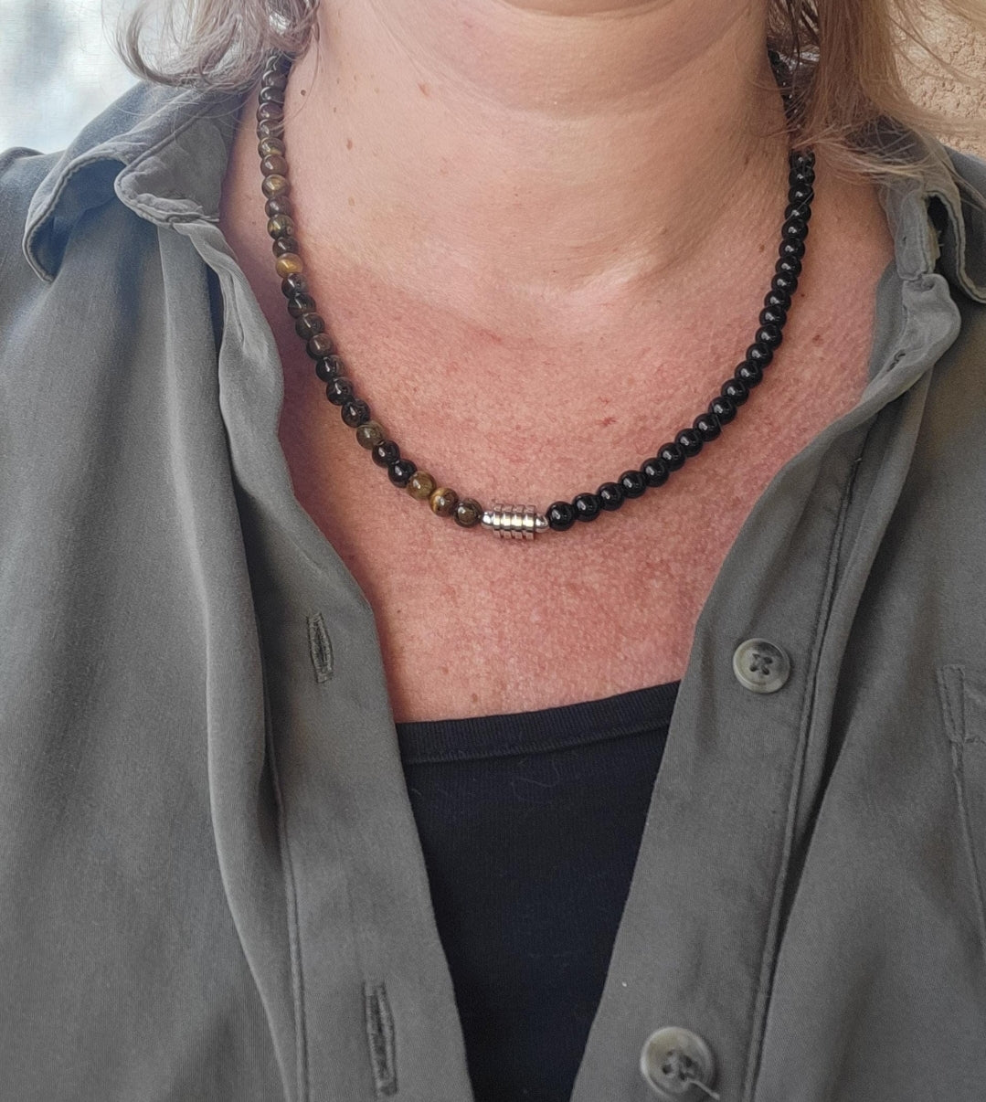 Collier en obsidienne et œil de tigre