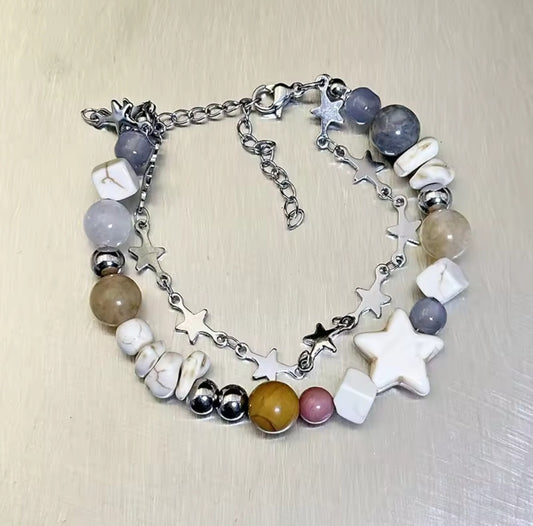 Bracelet étoiles en Howlite, agate et rhodonite