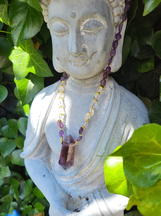 Collier sautoir en cristal de roche et améthyste