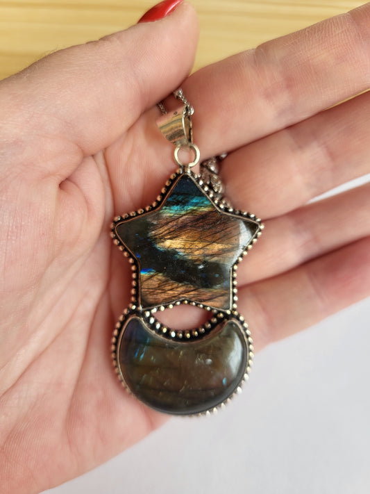 Labradorite Moon and Star Pendant Necklace