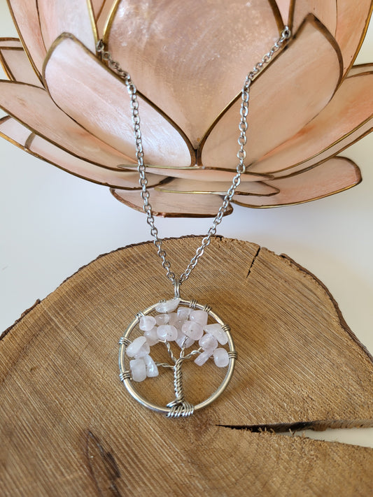 Collier arbre de vie en quartz rose
